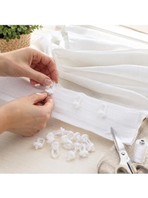Mythriva Perde Düğmesi, 20 Adet Elle Dikmeli Beyaz Plastik Askı Aparatı