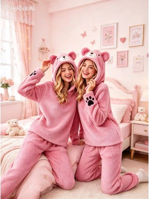 NiCe İç Giyim Kapşonlu Ayıcık Temalı Pembe Renk Eğleceli Trend Tarz Wellsoft Kumaş Yumuşacık Kış Mevsim Kadın Pijama Takım