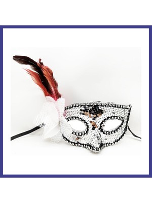 Bezos Gümüş Renk Yandan Tüylü Güllü Gümüş Taşlı Pullu Maske 20X22 cm Mrl