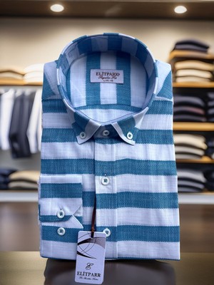 Elit Park Erkek Açık Turkuaz-Beyaz Çizgili Düğmeli Yaka %100 Pamuk Uzun Kollu Gömlek