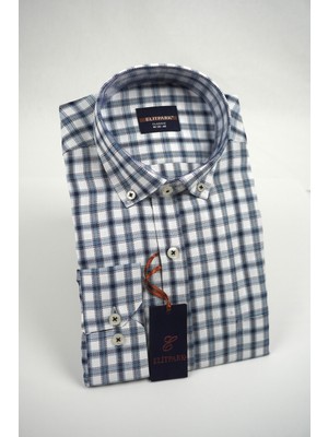 Elit Park Plaid Mavi Gri Desenli Pamuklu Cepli Uzun Kol Premium Erkek Gömlek