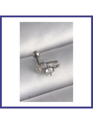 Bezos 316L Çelik Gümüş Renk Zirkon Taşlı Toplu Iğne Tragus Piercing Mrl