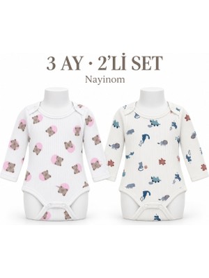Nayinom Ayıcık ve Hayvan Desenli 2’li Fitilli Uzun Kollu Bebek Body Seti 3 Ay