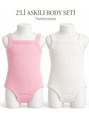 Yumiyumm Pembe Beyaz 2’li Pamuklu Fitilli Askılı Kız Çocuk Body Seti 2 Yaş