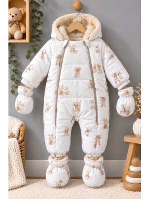 DeKuBaby Sevimli Tavşan Desenli Içi Peluş Kapüşonlu Tak-Çıkar Eldiven ve Patikli Kışlık  Çocuk-Bebek Astronot Tulum - Kozmonot Mont