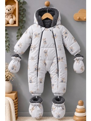 DeKuBaby Sevimli Tavşan Desenli Içi Peluş Kapüşonlu Tak-Çıkar Eldiven ve Patikli Kışlık  Çocuk-Bebek Astronot Tulum - Kozmonot Mont