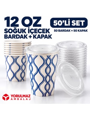 Yorulmaz Ambalaj 12 Oz Kapaklı Karton Bardak 50 Adet | Soğuk Içecek Uyumlu Sızdırmaz Kağıt Bardak