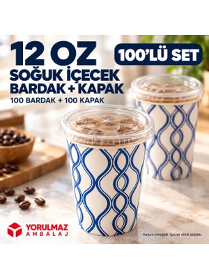 Yorulmaz Ambalaj 12 Oz Kapaklı Karton Bardak 100 Adet | Soğuk Içecek Uyumlu Sızdırmaz Kağıt Bardak