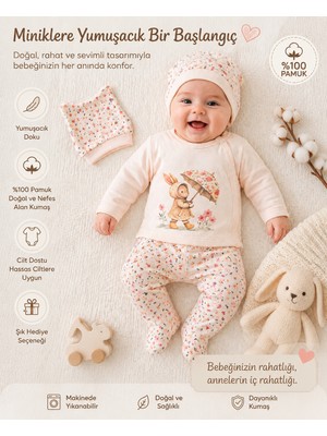 Viamaris Yenidoğan Kız Bebek Hastane Çıkışı %100 Pamuk  Tavşan Detaylı Yenidoğan Bebek Takımı