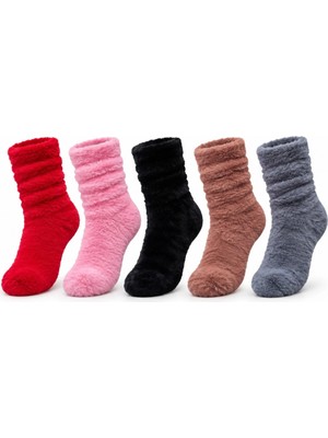 KSB Store Kadın 5'li Peluş Ev Çorabı Seti | Yumuşacık Tüylü Kışlık Soket Çorap Kırmızı Pembe Siyah Kahve &amp; Gri
