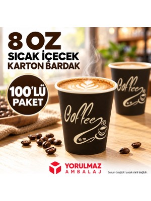 Yorulmaz Ambalaj 8 Oz Karton Bardak 100 Adet | Sıcak Içecek Uyumlu Tek Kullanımlık Kağıt Bardak