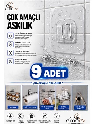 Emoev 9 Adet Kendinden Yapışkanlı Askı Güçlü Şeffaf Duvar Askısı Delmeden Matkapsız Görünmez Şeffaf Kancalı