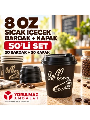 Yorulmaz Ambalaj 8 Oz Kapaklı Karton Bardak 50 Adet | Sıcak Içecek Uyumlu Tek Kullanımlık Kağıt Bardak