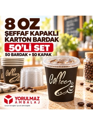 Yorulmaz Ambalaj 8 Oz Kapaklı Karton Bardak 50 Adet | Soğuk Içecek Uyumlu Sızdırmaz Kağıt Bardak