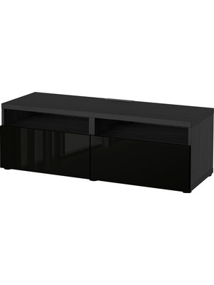 IKEA Venge-Parlak Siyah Tv Sehpası 120X42X39 Cm, 2 Çekmeceli, Raflı