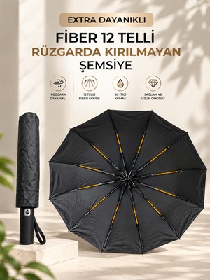 Bontec 12 Telli Çift Telli Fiber Şemsiye – Rüzgara Dayanıklı, Tam Otomatik, Su Itici Kumaşlı Büyük Boy Siyah Şemsiye (105 Cm)