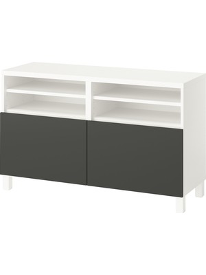 IKEA Beyaz-Koyu Gri Tv Sehpası 120X42X74 Cm, 2 Kapaklı, Raflı