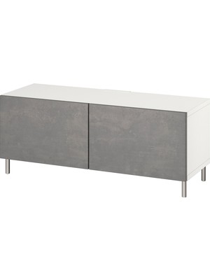 IKEA Beyaz-Koyu Gri Taş Desen Tv Sehpası 120X42X48 Cm, 2 Kapaklı, Raflı