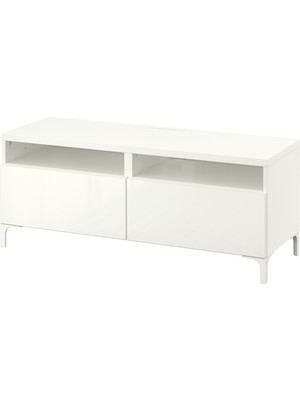 IKEA Beyaz-Parlak Beyaz Tv Sehpası 120X42X48 Cm, 2 Çekmeceli, Raflı