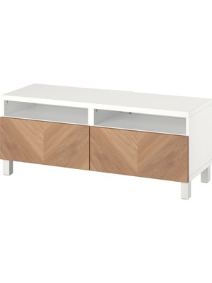 IKEA Beyaz-Meşe Tv Sehpası 120X42X48 Cm, 2 Çekmeceli, Raflı