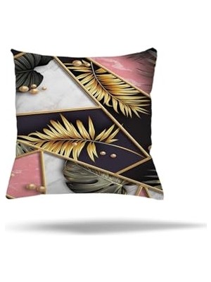 Defne Store Yastık Kılıfı, Pelangi Benekli Güllü Tüy Desenli Gizli Fermuarlı Kırlent Kılıfı Koltuk Yastık Kılıfı, Pembe-Gold 45 x 45