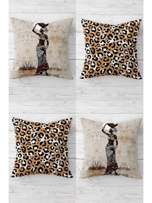 Defne Store Kırlent Kılıfı, Pelangi Bohem Afrikalı Kadın Etnik Leopar Gizli Fermuarlı Koltuk Yastık Kılıfı TAKIM(4ADET), Bej-Kahverengi 45 x 45
