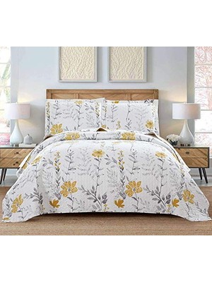 Defne Store Kral Boy Çiçekli Yorgan ve Yatak Örtüsü Seti, Gri Yaprak ve Sarı Çiçek Deseni, Ilkbahar/yaz Hafif, Çift Yönlü, Yastık Kılıflı