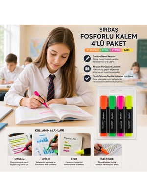Ps Yuma YM-792-4 792-T-Y-S-P 4pcs Fosforlu Kalem Turuncu - Yeşil - Sarı - Pembe
