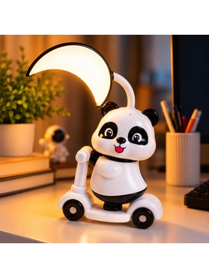 CoverZone Panda Figürlü LED Masa Lambası 3 Kademeli Ayarlanabilir Işıklı Kalemtıraşlı Ay Şeklinde Gece Lambası Scooter Tasarımlı Çocuk Odası ve Ders Çalışma Lambası, N-3271