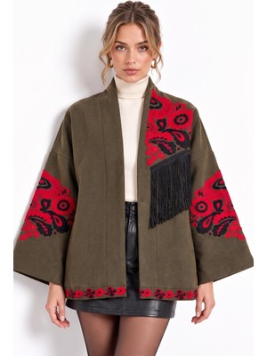 Saade Haki Etnik Çiçek Nakışlı Püsküllü Kimono Ceket