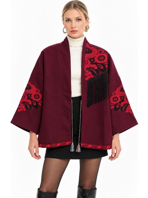 Saade Bordo Etnik Çiçek Nakışlı Püsküllü Kimono Ceket