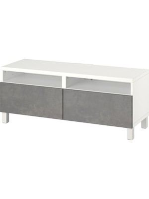 IKEA Beyaz-Koyu Gri Taş Desen Tv Sehpası 120X42X48 Cm, 2 Çekmeceli, Raflı