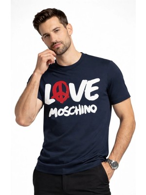Love Moschino %100 Pamuk Slim Fit Logo Print T-Shirt W630648 M4266 Lacivert