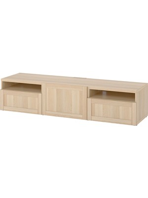 IKEA Ağartılmış Meşe Tv Sehpası 180X42X39 Cm, Tek Kapaklı, 2 Çekmeceli, Raflı