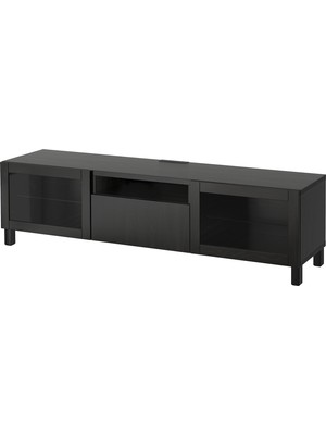 IKEA Venge Tv Sehpası 180X42X48 Cm, 2 Cam Kapaklı, 1 Çekmeceli, Raflı