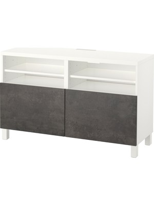 IKEA Beyaz-Koyu Gri Taş Desen Tv Sehpası 120X42X74 Cm, 2 Kapaklı, Raflı