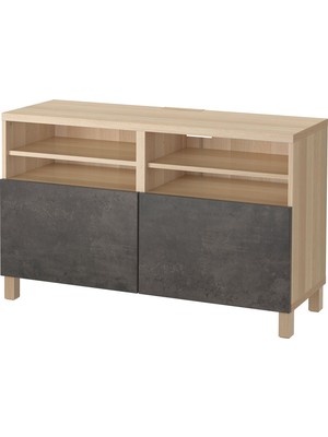 IKEA Ağartılmış Meşe-Koyu Gri Taş Desen Tv Sehpası 120X42X74 Cm, 2 Kapaklı, Raflı