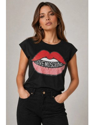 Love Moschino Pamuklu Baskılı Lips Print Logo T-Shirt