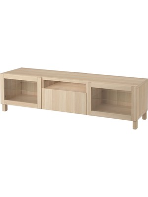 IKEA Ağartılmış Meşe Tv Sehpası 180X42X48 Cm, 2 Cam Kapaklı, 1 Çekmeceli, Raflı