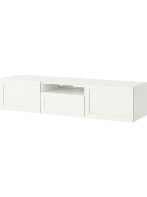 IKEA Beyaz Tv Sehpası 180X42X39 Cm, 2 Kapaklı, 1 Çekmeceli, Raflı