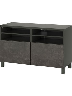 IKEA Koyu Gri-Koyu Gri Taş Desen Tv Sehpası 120X42X74 Cm, 2 Kapaklı, Raflı