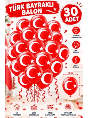 ArtMaster Türk Bayraklı Balon 30 Adet Ay Yıldızlı Balon Süsleme 29 Ekim 23 Nisan Kırmızı Beyaz Balon Bayrak Balon Bayram