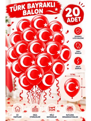 ArtMaster Türk Bayraklı Balon 20 Adet Ay Yıldızlı Balon Süsleme 29 Ekim 23 Nisan Kırmızı Beyaz Balon Bayrak Balon Bayram