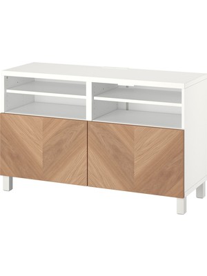 IKEA Beyaz-Meşe Tv Sehpası 120X42X74 Cm, 2 Kapaklı, Raflı