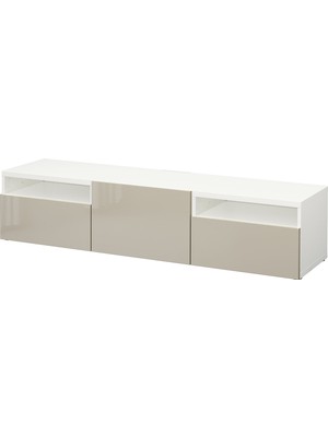 IKEA Beyaz-Parlak Bej Tv Sehpası 180X42X39 Cm, Tek Kapaklı, 2 Çekmeceli, Raflı