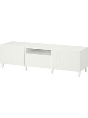 IKEA Beyaz Tv Sehpası 180X42X48 Cm, 2 Kapaklı, 1 Çekmeceli, Raflı