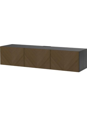 IKEA Venge-Meşe Tv Sehpası 180X42X38 Cm, 3 Kapaklı, Raflı