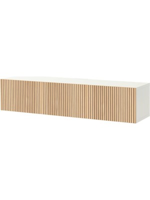 IKEA Beyaz-Meşe Tv Sehpası 180X42X38 Cm, 3 Kapaklı, Raflı