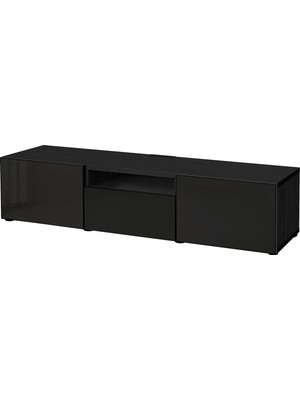 IKEA Venge-Füme Cam Tv Sehpası 180X42X39 Cm, 2 Cam Kapaklı, 1 Çekmeceli, Raflı