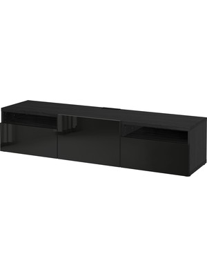 IKEA Venge-Parlak Siyah Tv Sehpası 180X42X39 Cm, Tek Kapaklı, 2 Çekmeceli, Raflı